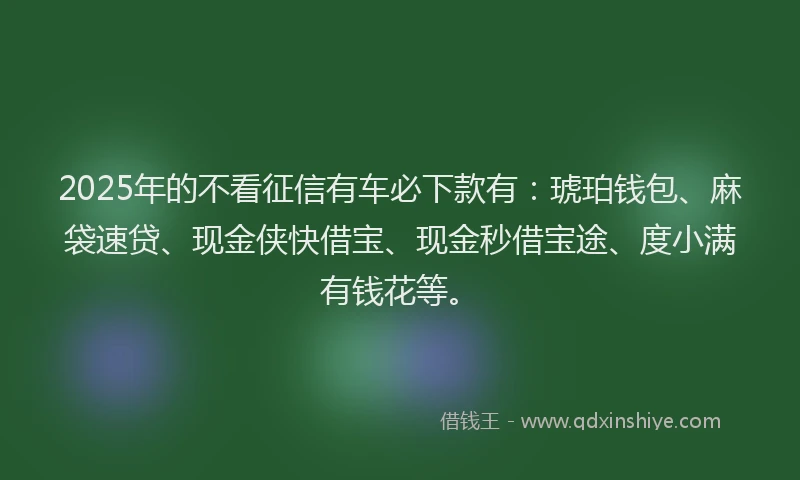 2025年的不看征信有车必下款有：琥珀钱包、麻袋速贷、现金侠快借宝、现金秒借宝途、度小满有钱花等。