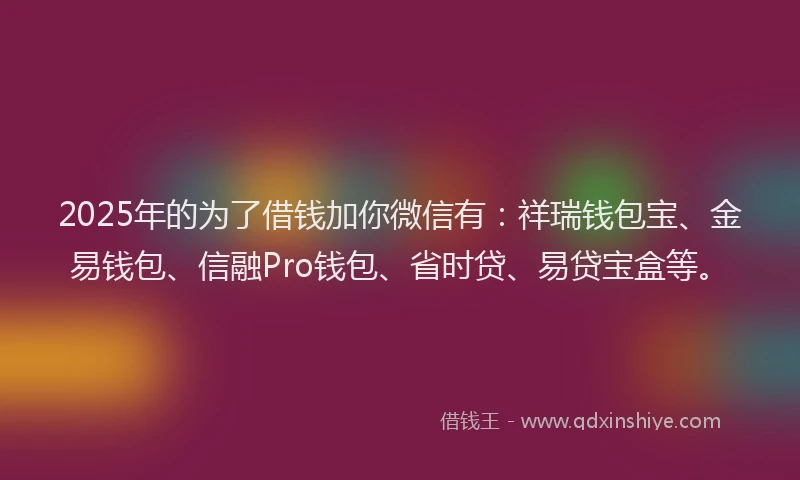 2025年的为了借钱加你微信有：祥瑞钱包宝、金易钱包、信融Pro钱包、省时贷、易贷宝盒等。