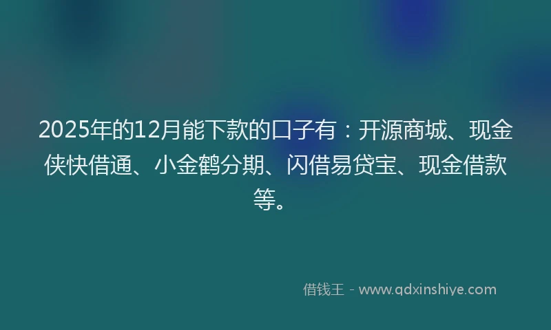2025年的12月能下款的口子有：开源商城、现金侠快借通、小金鹤分期、闪借易贷宝、现金借款等。