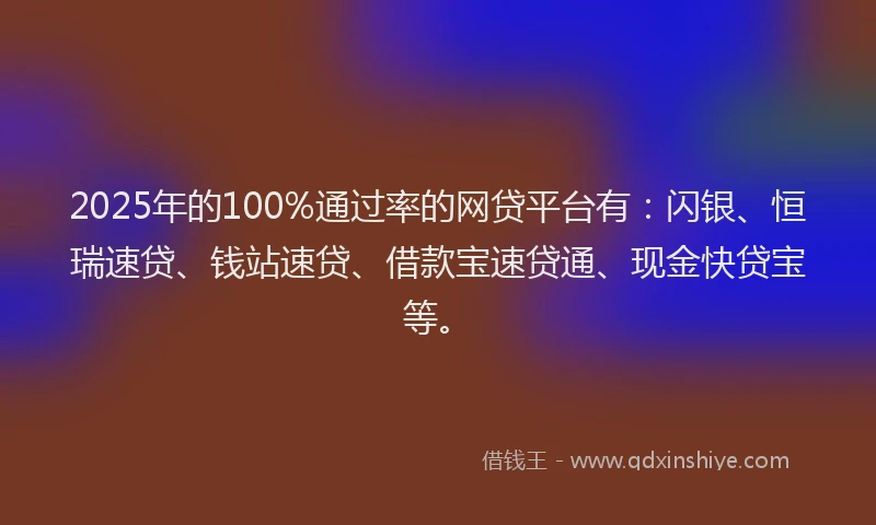 2025年的100%通过率的网贷平台有：闪银、恒瑞速贷、钱站速贷、借款宝速贷通、现金快贷宝等。