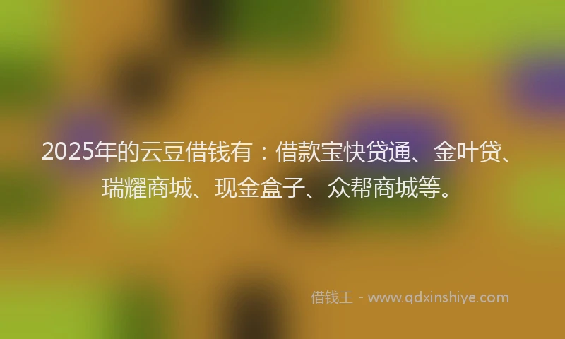 2025年的云豆借钱有：借款宝快贷通、金叶贷、瑞耀商城、现金盒子、众帮商城等。