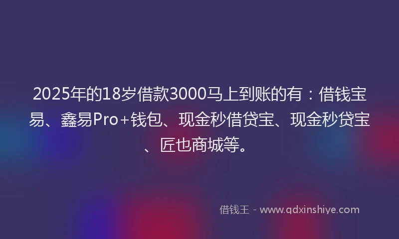2025年的18岁借款3000马上到账的有：借钱宝易、鑫易Pro+钱包、现金秒借贷宝、现金秒贷宝、匠也商城等。