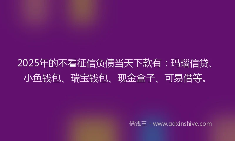 2025年的不看征信负债当天下款有：玛瑙信贷、小鱼钱包、瑞宝钱包、现金盒子、可易借等。