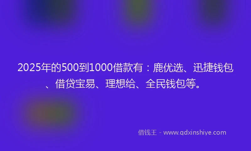 2025年的500到1000借款有：鹿优选、迅捷钱包、借贷宝易、理想给、全民钱包等。