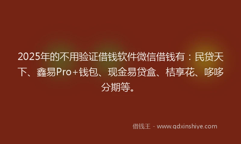 2025年的不用验证借钱软件微信借钱有：民贷天下、鑫易Pro+钱包、现金易贷盒、桔享花、哆哆分期等。