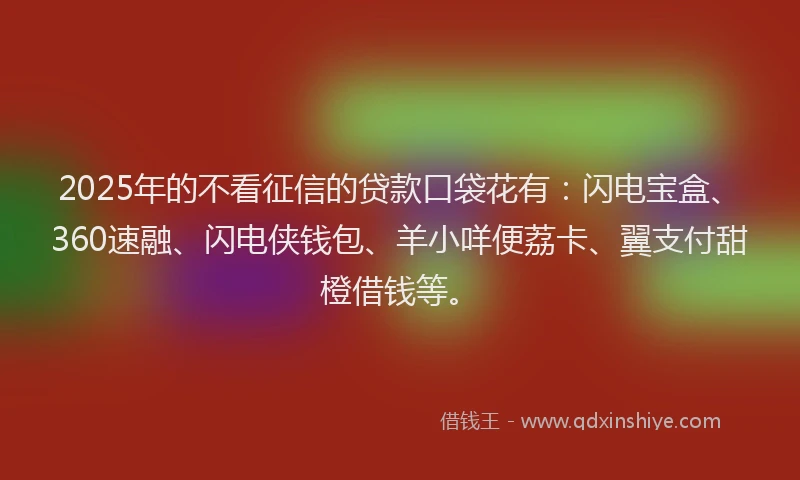 2025年的不看征信的贷款口袋花有：闪电宝盒、360速融、闪电侠钱包、羊小咩便荔卡、翼支付甜橙借钱等。