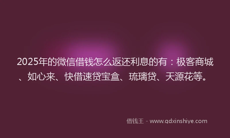 2025年的微信借钱怎么返还利息的有：极客商城、如心来、快借速贷宝盒、琉璃贷、天源花等。