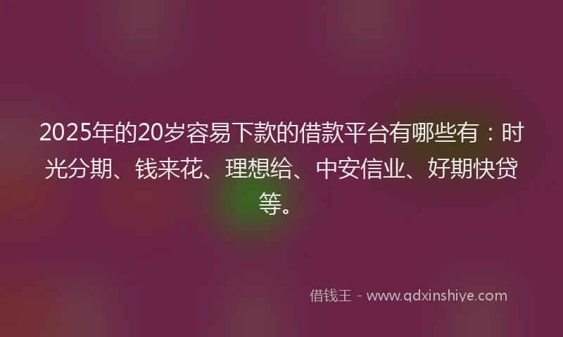 2025年的20岁容易下款的借款平台有哪些有：时光分期、钱来花、理想给、中安信业、好期快贷等。