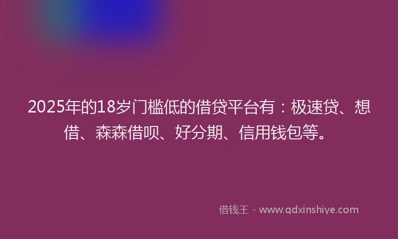 2025年的18岁门槛低的借贷平台有：极速贷、想借、森森借呗、好分期、信用钱包等。