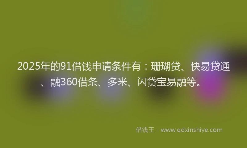 2025年的91借钱申请条件有：珊瑚贷、快易贷通、融360借条、多米、闪贷宝易融等。