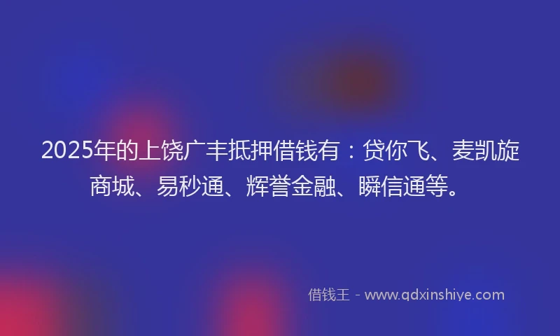 2025年的上饶广丰抵押借钱有：贷你飞、麦凯旋商城、易秒通、辉誉金融、瞬信通等。