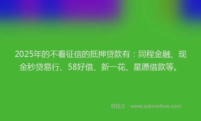 2025年的不看征信的抵押贷款有：同程金融、现金秒贷易行、58好借、新一花、星愿借款等。