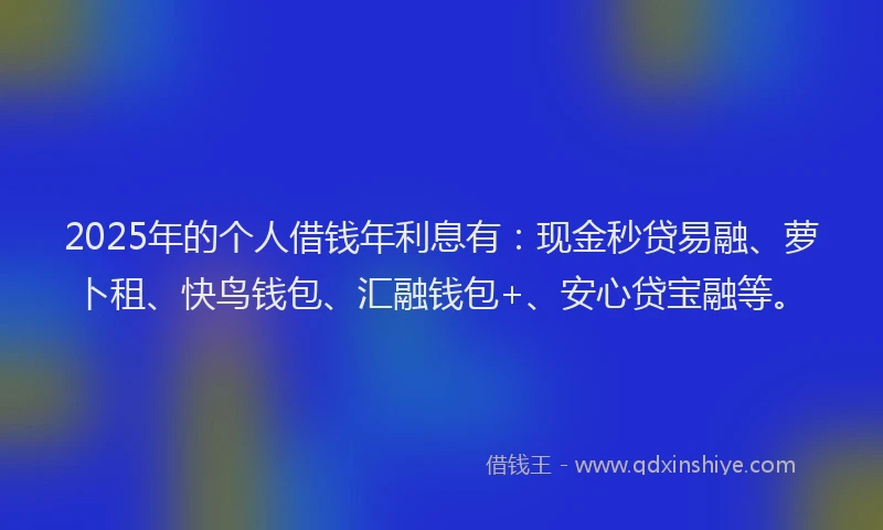2025年的个人借钱年利息有：现金秒贷易融、萝卜租、快鸟钱包、汇融钱包+、安心贷宝融等。