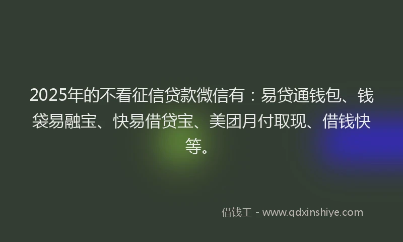 2025年的不看征信贷款微信有：易贷通钱包、钱袋易融宝、快易借贷宝、美团月付取现、借钱快等。