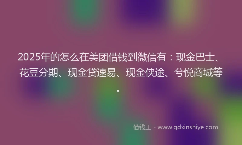 2025年的怎么在美团借钱到微信有：现金巴士、花豆分期、现金贷速易、现金侠途、兮悦商城等。
