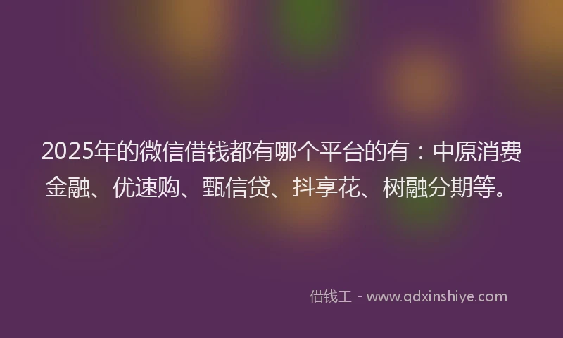 2025年的微信借钱都有哪个平台的有：中原消费金融、优速购、甄信贷、抖享花、树融分期等。