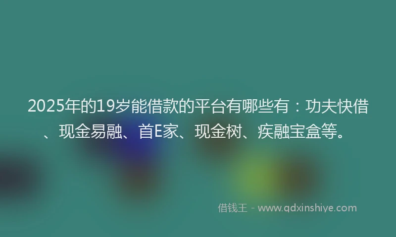 2025年的19岁能借款的平台有哪些有：功夫快借、现金易融、首E家、现金树、疾融宝盒等。