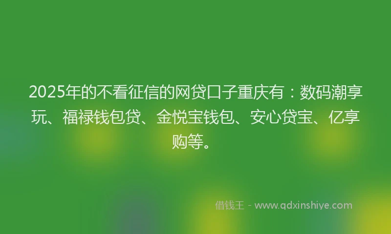 2025年的不看征信的网贷口子重庆有：数码潮享玩、福禄钱包贷、金悦宝钱包、安心贷宝、亿享购等。