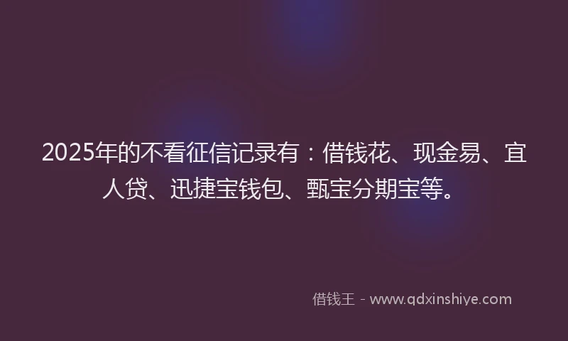 2025年的不看征信记录有：借钱花、现金易、宜人贷、迅捷宝钱包、甄宝分期宝等。