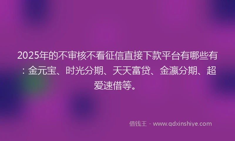 2025年的不审核不看征信直接下款平台有哪些有：金元宝、时光分期、天天富贷、金瀛分期、超爱速借等。