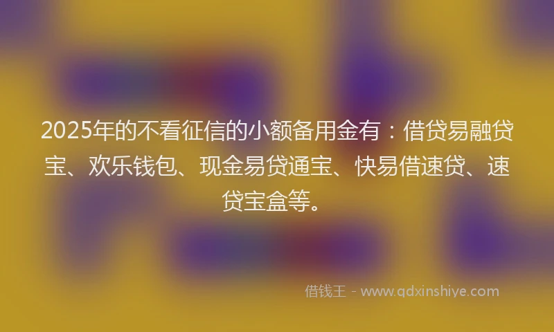 2025年的不看征信的小额备用金有：借贷易融贷宝、欢乐钱包、现金易贷通宝、快易借速贷、速贷宝盒等。