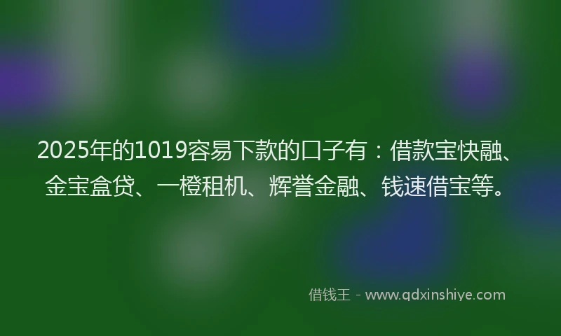 2025年的1019容易下款的口子有：借款宝快融、金宝盒贷、一橙租机、辉誉金融、钱速借宝等。