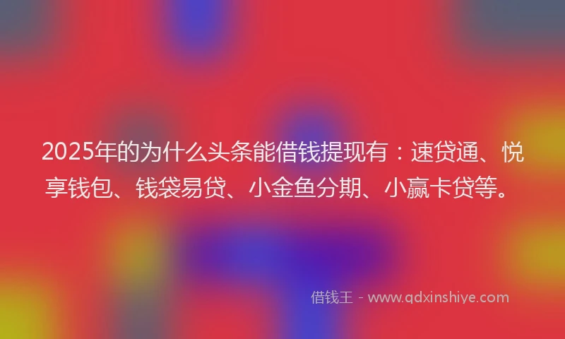2025年的为什么头条能借钱提现有：速贷通、悦享钱包、钱袋易贷、小金鱼分期、小赢卡贷等。