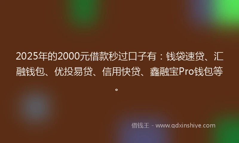 2025年的2000元借款秒过口子有：钱袋速贷、汇融钱包、优投易贷、信用快贷、鑫融宝Pro钱包等。