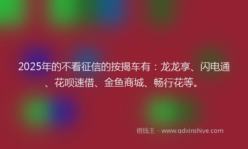 2025年的不看征信的按揭车有：龙龙享、闪电通、花呗速借、金鱼商城、畅行花等。