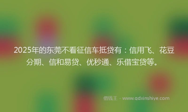 2025年的东莞不看征信车抵贷有：信用飞、花豆分期、信和易贷、优秒通、乐借宝贷等。