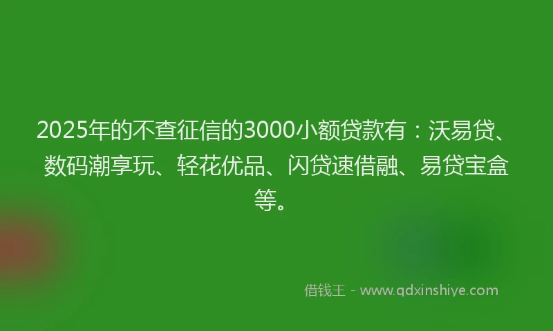 2025年的不查征信的3000小额贷款有：沃易贷、数码潮享玩、轻花优品、闪贷速借融、易贷宝盒等。