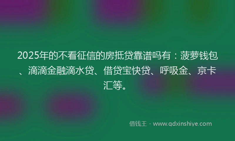 2025年的不看征信的房抵贷靠谱吗有：菠萝钱包、滴滴金融滴水贷、借贷宝快贷、呼吸金、京卡汇等。