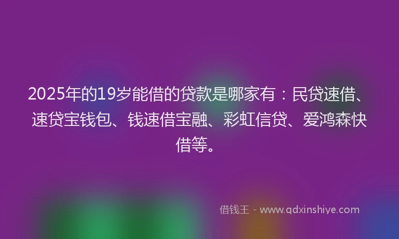 2025年的19岁能借的贷款是哪家有：民贷速借、速贷宝钱包、钱速借宝融、彩虹信贷、爱鸿森快借等。