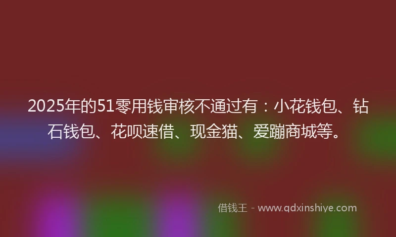 2025年的51零用钱审核不通过有：小花钱包、钻石钱包、花呗速借、现金猫、爱蹦商城等。