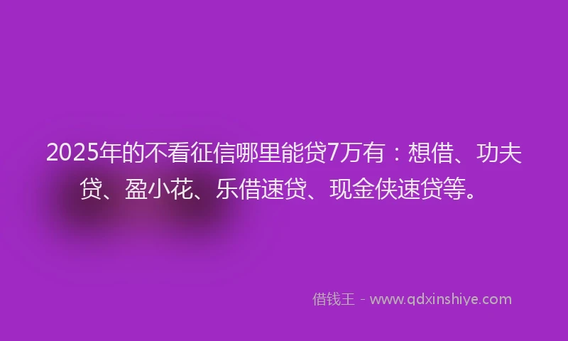 2025年的不看征信哪里能贷7万有：想借、功夫贷、盈小花、乐借速贷、现金侠速贷等。