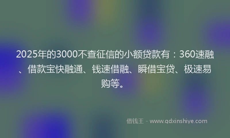 2025年的3000不查征信的小额贷款有：360速融、借款宝快融通、钱速借融、瞬借宝贷、极速易购等。