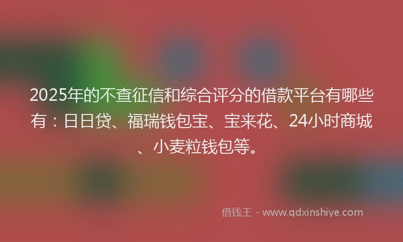 2025年的不查征信和综合评分的借款平台有哪些有：日日贷、福瑞钱包宝、宝来花、24小时商城、小麦粒钱包等。
