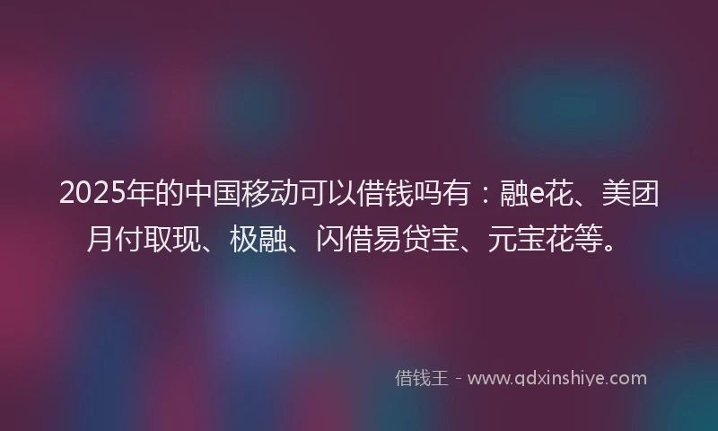 2025年的中国移动可以借钱吗有：融e花、美团月付取现、极融、闪借易贷宝、元宝花等。