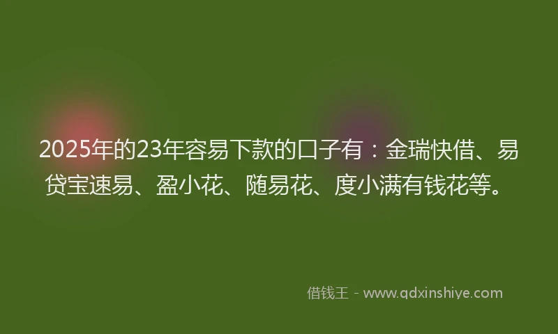 2025年的23年容易下款的口子有：金瑞快借、易贷宝速易、盈小花、随易花、度小满有钱花等。