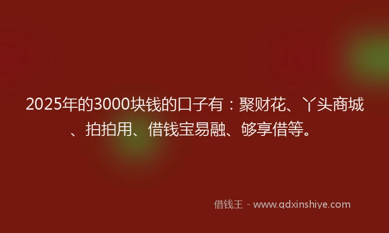 2025年的3000块钱的口子有：聚财花、丫头商城、拍拍用、借钱宝易融、够享借等。