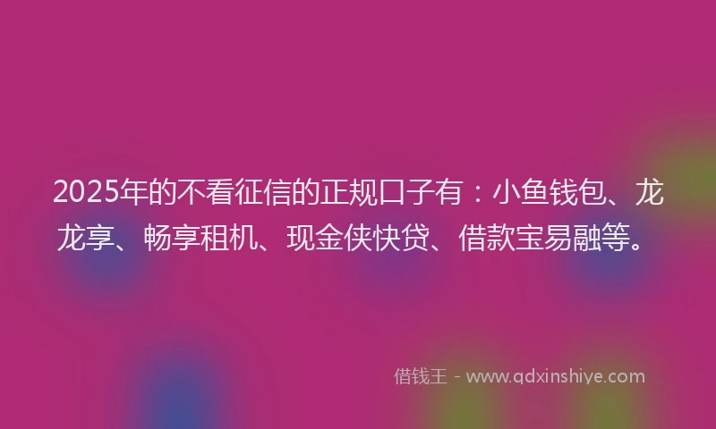 2025年的不看征信的正规口子有：小鱼钱包、龙龙享、畅享租机、现金侠快贷、借款宝易融等。