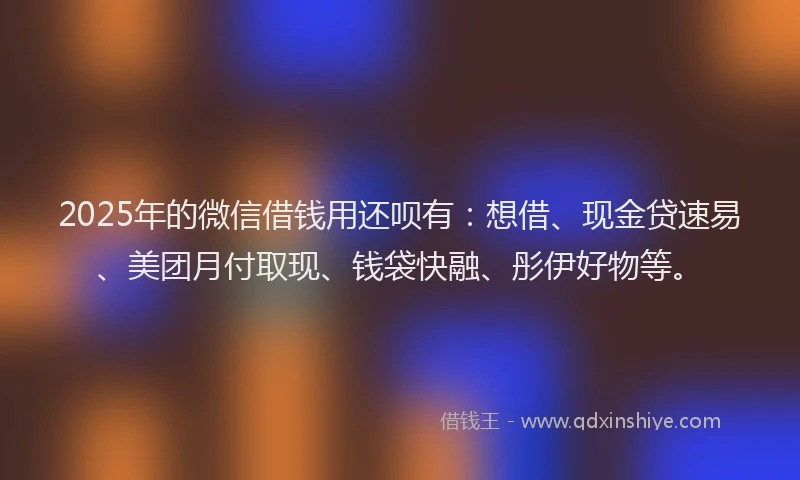 2025年的微信借钱用还呗有：想借、现金贷速易、美团月付取现、钱袋快融、彤伊好物等。
