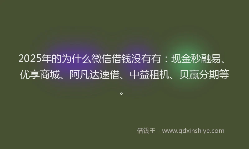 2025年的为什么微信借钱没有有：现金秒融易、优享商城、阿凡达速借、中益租机、贝赢分期等。