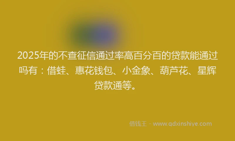 2025年的不查征信通过率高百分百的贷款能通过吗有：借蛙、惠花钱包、小金象、葫芦花、星辉贷款通等。