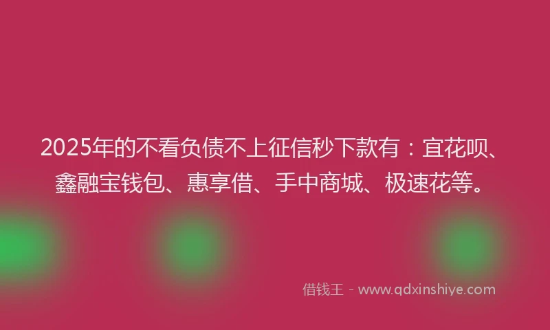 2025年的不看负债不上征信秒下款有：宜花呗、鑫融宝钱包、惠享借、手中商城、极速花等。