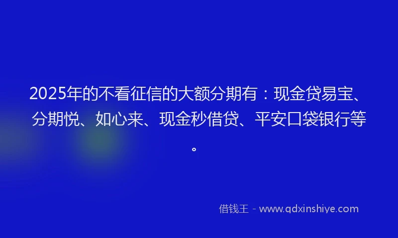 2025年的不看征信的大额分期有：现金贷易宝、分期悦、如心来、现金秒借贷、平安口袋银行等。