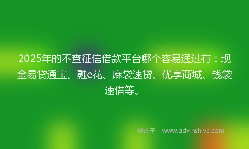 2025年的不查征信借款平台哪个容易通过有：现金易贷通宝、融e花、麻袋速贷、优享商城、钱袋速借等。