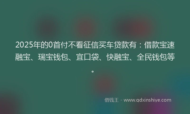 2025年的0首付不看征信买车贷款有：借款宝速融宝、瑞宝钱包、宜口袋、快融宝、全民钱包等。