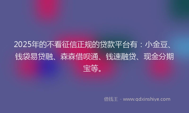 2025年的不看征信正规的贷款平台有：小金豆、钱袋易贷融、森森借呗通、钱速融贷、现金分期宝等。
