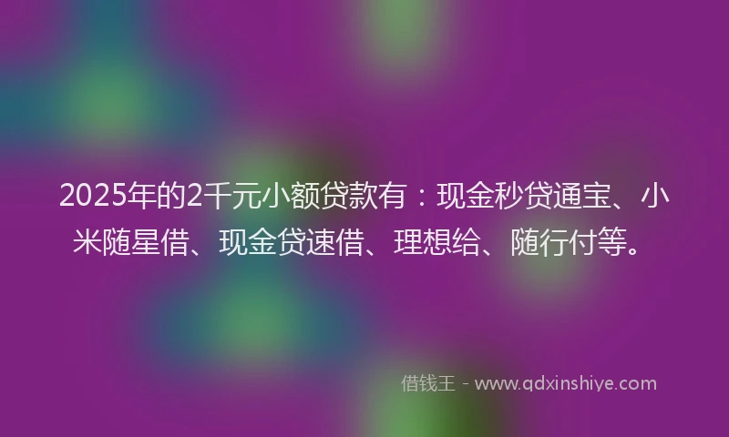 2025年的2千元小额贷款有：现金秒贷通宝、小米随星借、现金贷速借、理想给、随行付等。